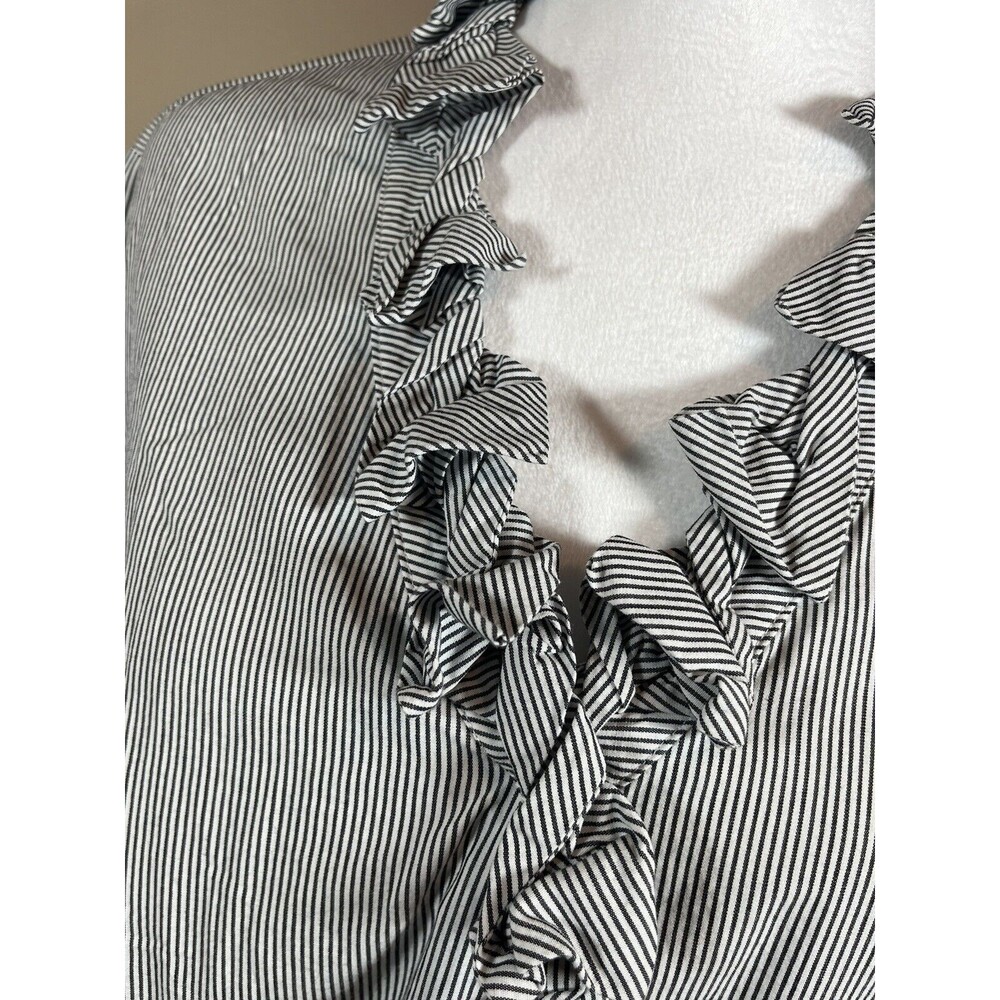 Talbots Women’s Blue White Pinstripe Ruffle Collar Button Front Blouse Size 1X - Picture 3 of 9